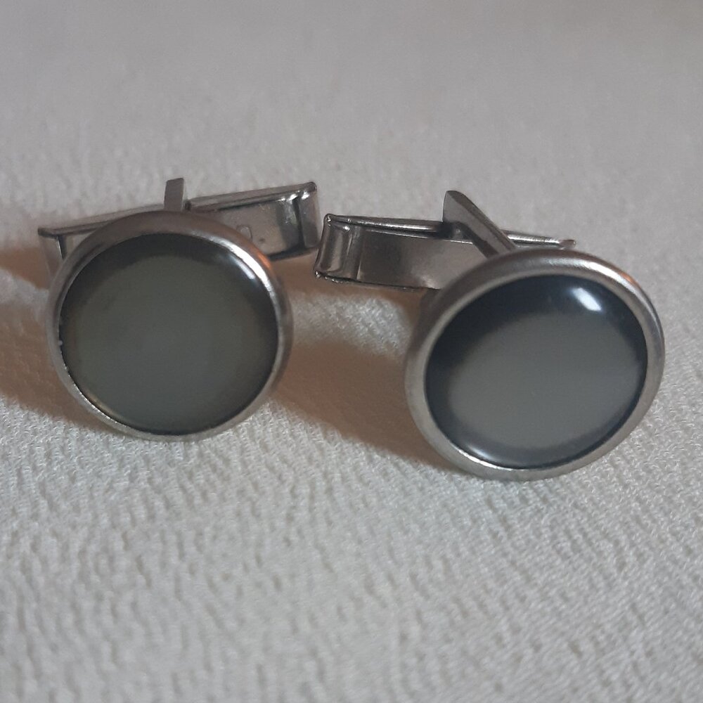 1950s Adularescent Grey Art Glass Silver Tone .5" Round Cuff Links